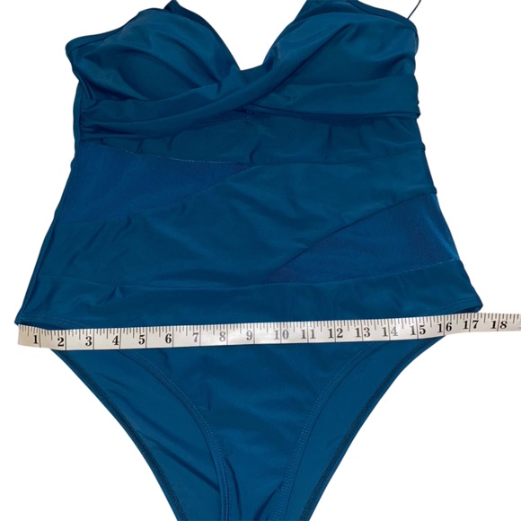 Teal Blue One Piece Swimsuit with Mesh Accents - Picture 9 of 11
